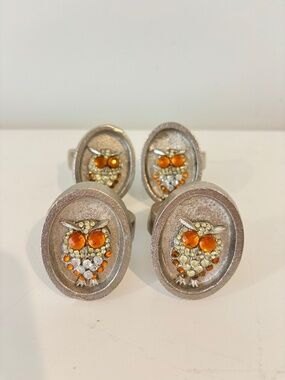 Vintage napkin rings silver toned metal oval bezel detailed owl rhinestone FOUR